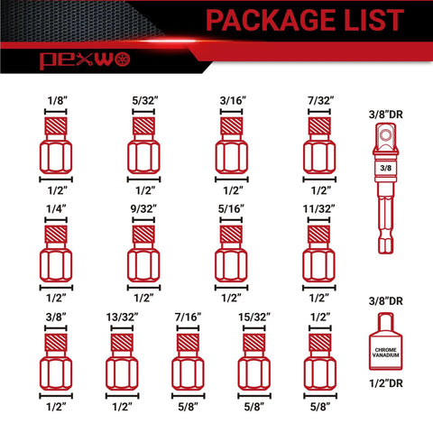 Diagram of 15 Piece Upgrade Screw Extractor Set For Removing Broken Bolts And Studs With Multi Spline Heads Direct Wrench Use Three Eighth Inch Drive Easy Out Bolt Remover Kit showing different sizes and parts.