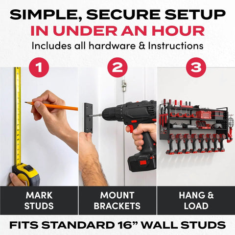 Steps to install Heavy Duty Power Tool Organizer Wall Mount With Three Shelves Eight Drill Holders And Bit Holder With 300 Lb Capacity Pegboard Sides