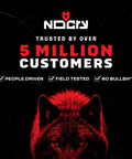 Image of a black and red stylized wolf head with bold text reading 'Trusted by Over 5 Million Customers,' emphasizing product credibility.