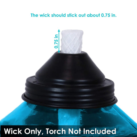 Replacement Fiberglass Wicks For Outdoor Tiki Torches And Lamps Eight Pack Fits Any Outdoor Torch Trim To Fit Wicks viewing close-up of fiberglass wick in torch showing 0.75 in stick out.