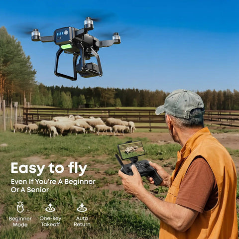 Man using remote to fly Pro Grade 4K Drone With 3 Axis Gimbal For Adults over field with sheep, showcasing GPS auto-return feature.