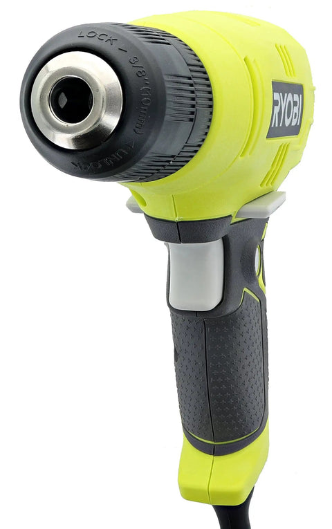 Close-up of Beefy 5.5 Amp Corded 3/8 Inch Variable Speed Compact Drill Driver, showing chuck and handle design, side view