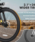 Front tire of Cityone 2.0 Electric Bike For Adults Who Wanna Cruise 65 Mile Range, 28 MPH Top Speed, 1200W Peak Motor, 26 Inch Ebike