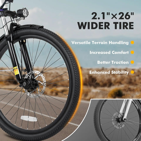 Front tire of Cityone 2.0 Electric Bike For Adults Who Wanna Cruise 65 Mile Range, 28 MPH Top Speed, 1200W Peak Motor, 26 Inch Ebike