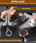 51mm Espresso Tamper With Calibrated Spring Loaded Mechanism showcasing ripple base and clockwise motion for even tamping.