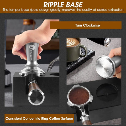 51mm Espresso Tamper With Calibrated Spring Loaded Mechanism showcasing ripple base and clockwise motion for even tamping.
