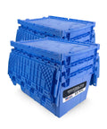 14 Gallon Industrial Plastic Tote Hinged Flip Lid Boss Level Storage Bin Pack Of 6 Heavy Duty Rugged Containers stacked for storage.
