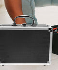 Rock Solid Portable Aluminum Alloy Toolbox With Lockable Handle And Ample Hardware Storage featuring a sleek black design and silver trim.