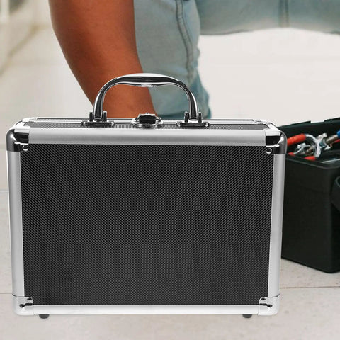 Rock Solid Portable Aluminum Alloy Toolbox With Lockable Handle And Ample Hardware Storage featuring a sleek black design and silver trim.