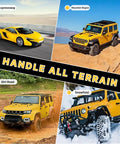 Four images showing vehicles on various terrains: expressway, mountain region, dirt road, and snowfield. Yellow SUVs dominate.