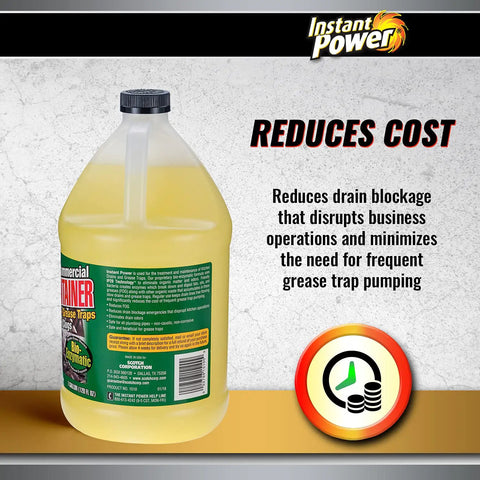 Commercial Drain Maintainer With Liquid Enzyme Clog Remover, 1 Gallon bottle displayed with cost reduction benefits on side