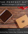 Trifold Leather Wallet For Men With RFID Blocking Napa Leather 9 Card Slots ID Window Divided Billfold in gift box on wood.