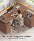 Hustle Ready L Shaped Electric Standing Desk Height Adjustable Executive Table With Walnut Finish in spacious office setting.