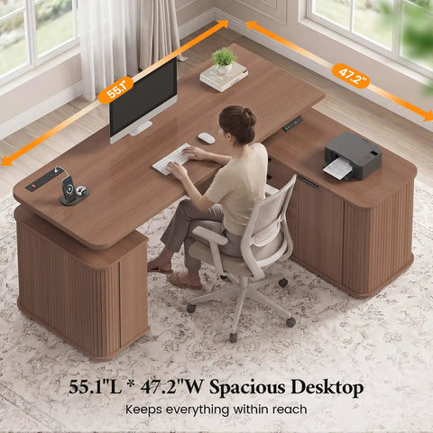 Hustle Ready L Shaped Electric Standing Desk Height Adjustable Executive Table With Walnut Finish in spacious office setting.