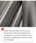Close-up of silver Faraday Shield Fabric for EMF protection, showing copper nickel polyester blend texture and instructions.