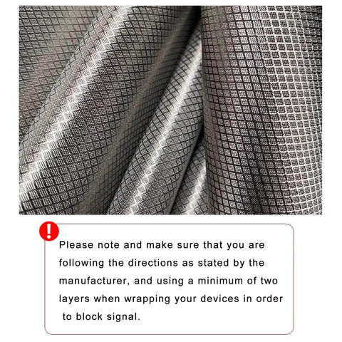 Close-up of silver Faraday Shield Fabric for EMF protection, showing copper nickel polyester blend texture and instructions.