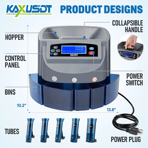 Premium Usd Coin Counter And Automatic Currency Sorting Machine With Fast Five Bin System and high speed rolling capability, showing control panel and bins.