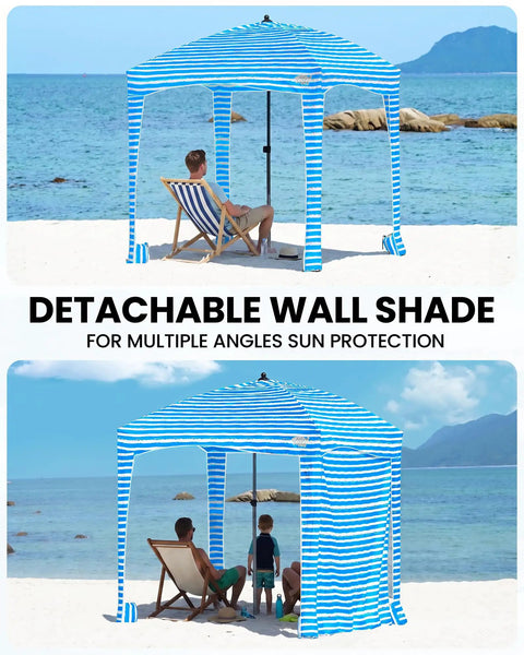 Beach Cabana Sun Shelter 6x6 Ft With Sandbags And Side Wall For Family, Easy Setup, UPF 50 Plus UV Protection, vented roof on beach.