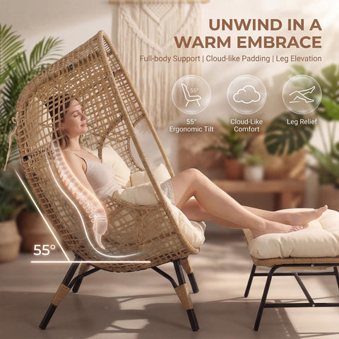 Oversized Double Egg Chair For Indoor And Outdoor Use With Thick Padded Cushions shown with person relaxing at 55 degree tilt
