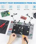 Magnetic Helping Hands Soldering Station For PCB Repair With Large Base And Heat Resistant Mat in use with flexible arms.
