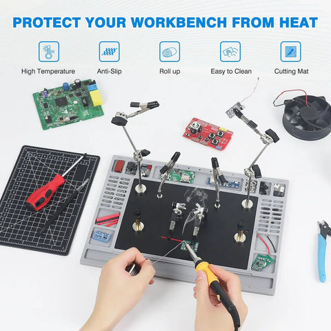 Magnetic Helping Hands Soldering Station For PCB Repair With Large Base And Heat Resistant Mat in use with flexible arms.