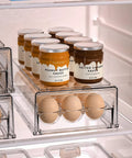 Clear BPA Free Refrigerator Organizer Bins With 18 Egg Tray Stackable Holder in fridge with jars on top