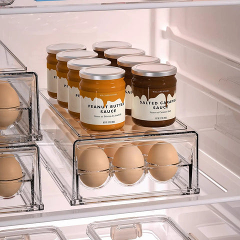 Clear BPA Free Refrigerator Organizer Bins With 18 Egg Tray Stackable Holder in fridge with jars on top