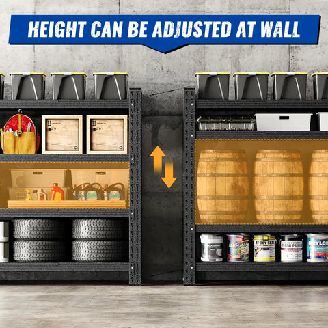 Industrial Heavy Duty Garage Shelves 71 Inch Wide Metal Storage Racks With 5000 Lb Capacity Adjustable Shelving, shown in a garage