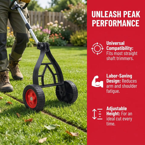 Universal String Trimmer Wheel Support Attaches To Any Weed Eater Turning It Into A Lawn Edger While Ditching The Burn On Your Wrists For Easy Weekend Jobs, showing wheeled support on grass.