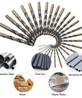 29 Piece Cobalt Drill Bit Set With 135 Degree Split Point, High Speed Steel, Black And Gold Finish displaying use for various materials
