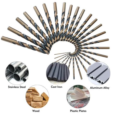 29 Piece Cobalt Drill Bit Set With 135 Degree Split Point, High Speed Steel, Black And Gold Finish displaying use for various materials
