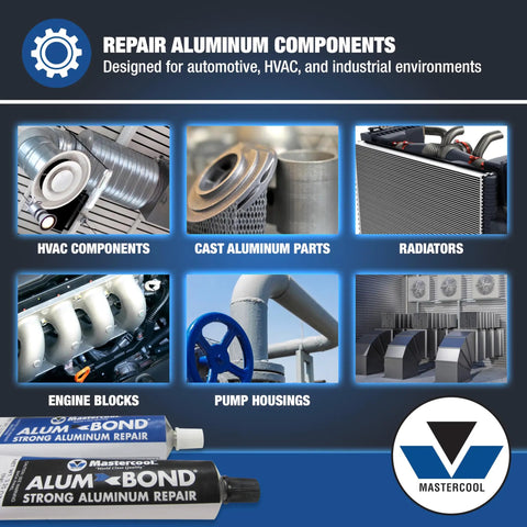 Image showcasing various aluminum components like HVAC parts, cast aluminum, radiators, engine blocks, shown with Alum Bond epoxy tubes.