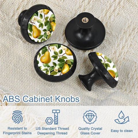 Snazzy Pear Shaped Cabinet Knobs 4 Pack Drawer Pulls with multicolor pear design and black base on textured fabric.
