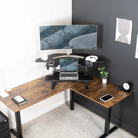 43 Inch Corner Height Adjustable Desk Converter For Sit To Stand Workstation With Dual Monitor Riser, Black Tabletop Stand Up Desk