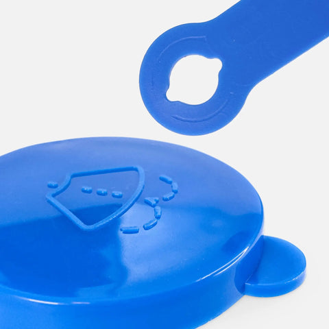 Close-up of blue Windshield Washer Fluid Reservoir Cap Replacement fits Nissan Armada Frontier Pathfinder Titan XTerra 350Z G35 FX35 QX56 QX80 G20 Infiniti models 2.16 to 2.24 inch neck size