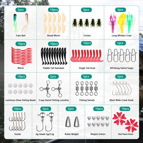 All In One 126 Piece Fishing Lure Kit With Tackle Box Included For Freshwater Angling showing various baits and accessories