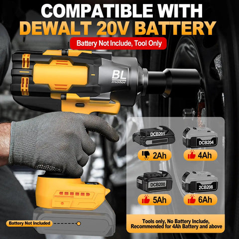 Top Tier Cordless Impact Wrench 3/4 Inch with DEWALT 20V battery compatibility, tool only, ergonomic grip, heavy duty design.