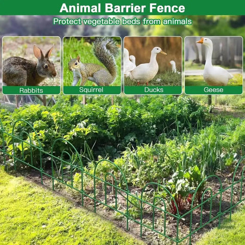 No Dig Rustproof Metal Garden Fence Kit around vegetable bed, green panels, 35 pre-linking panels, protect from rabbits, squirrels, ducks, geese