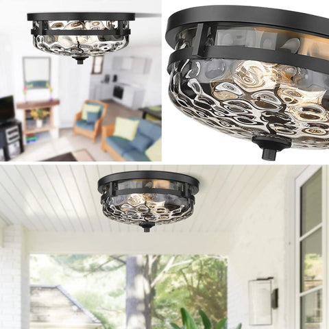 2 Light Farmhouse Flush Mount Ceiling Light Black With Hammered Glass Fixture in living room and outdoor settings