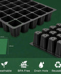 Close-up of 5-Set Seed Starter Tray Kits with Humidity Vented Domes and Bases, showing dimensions and features for seed starting.