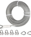 Heavy Duty Three Eighths Inch Stainless Steel Wire Rope Kit 75 Ft With Clamps And Thimbles 7x19 Strands 12,000 Lbs Breaking Strength For Zipline Winch Boat Lift Rigging Marine Use, showing coiled cable, clamps, and thimbles.