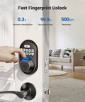 Dope Fingerprint Door Lock With Keyless Entry Pad And Auto Lock installed on white door with living room background, oil rubbed bronze finish