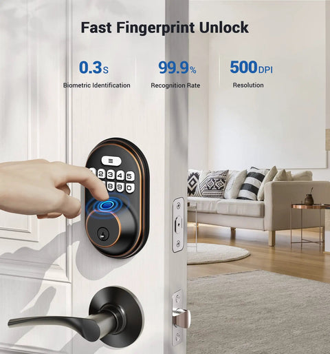 Dope Fingerprint Door Lock With Keyless Entry Pad And Auto Lock installed on white door with living room background, oil rubbed bronze finish
