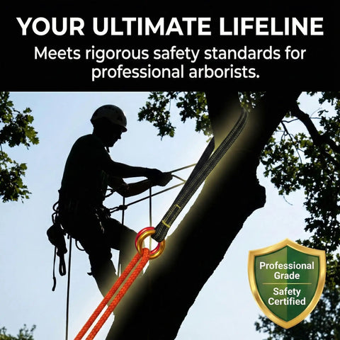 Pro Grade Arborist Friction Saver For Serious Tree Climbing And Cambium Saver Loop Belt Sling shown in tree climbing use
