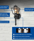 Four Sided Motion Activated Coach Light Outdoor Porch Lantern In Black Brass Charleston Style Exterior Lighting displayed on a wall