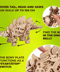 Walking Stegosaurus Wooden 3D Puzzle Kit for Adults, wind-up wooden dinosaur model with 305 pieces, side view
