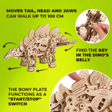 Walking Stegosaurus Wooden 3D Puzzle Kit for Adults, wind-up wooden dinosaur model with 305 pieces, side view