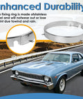 28 Piece Headlamp Retaining Ring And Mounting Bucket Kit with stainless steel ring and classic car on road background