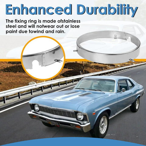 28 Piece Headlamp Retaining Ring And Mounting Bucket Kit with stainless steel ring and classic car on road background