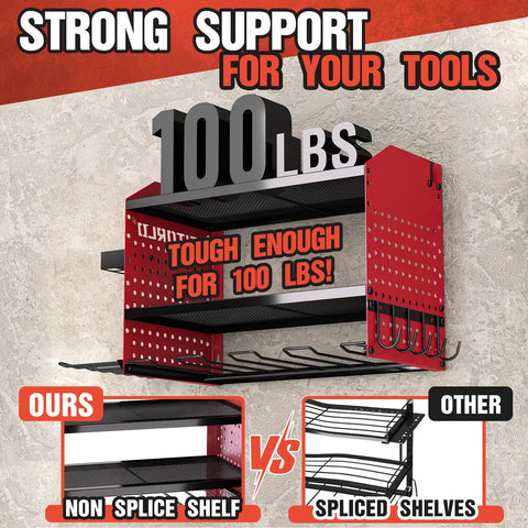 Power Tool Organizer With Charging Station And Heavy Duty Modular Wall Mount for garage, red steel construction, 100 lbs capacity.